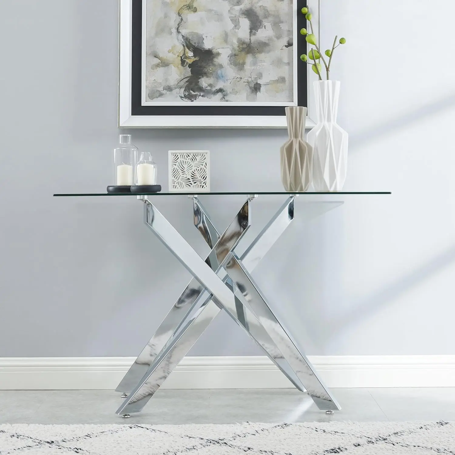 Style Console Table Narrow Sofa Table with Tempered Glass Top and Metal Tubular Legs, 45" Lx18 Wx30 H, Silver