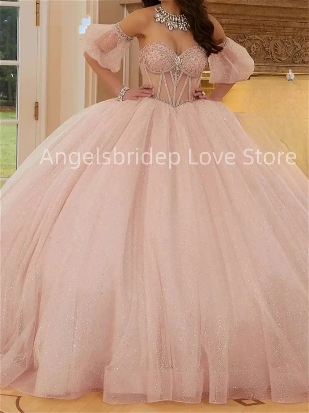 Angelsbridep Light Pink Off Shoulder Ball Gown 15 Year Old Quinceanera Dresses Shiny Princess Vestidos De Xv A&ntilde;os