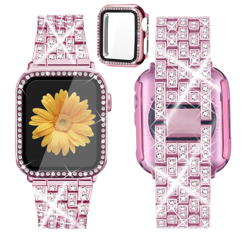 Elegant Diamond-Encrusted Watch Band with Protective Cover & Screen Protector