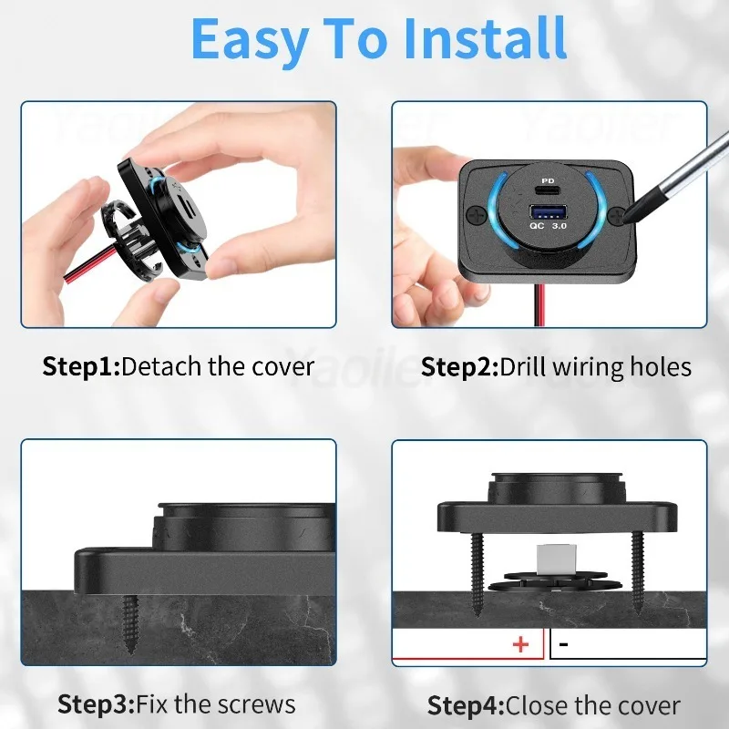 Presa Accendisigari 12V Con USB PD30W E QC3.0 – Quadrata Con Voltmetro E Luci, Per Auto, Camper, Barca, Cavo 2m