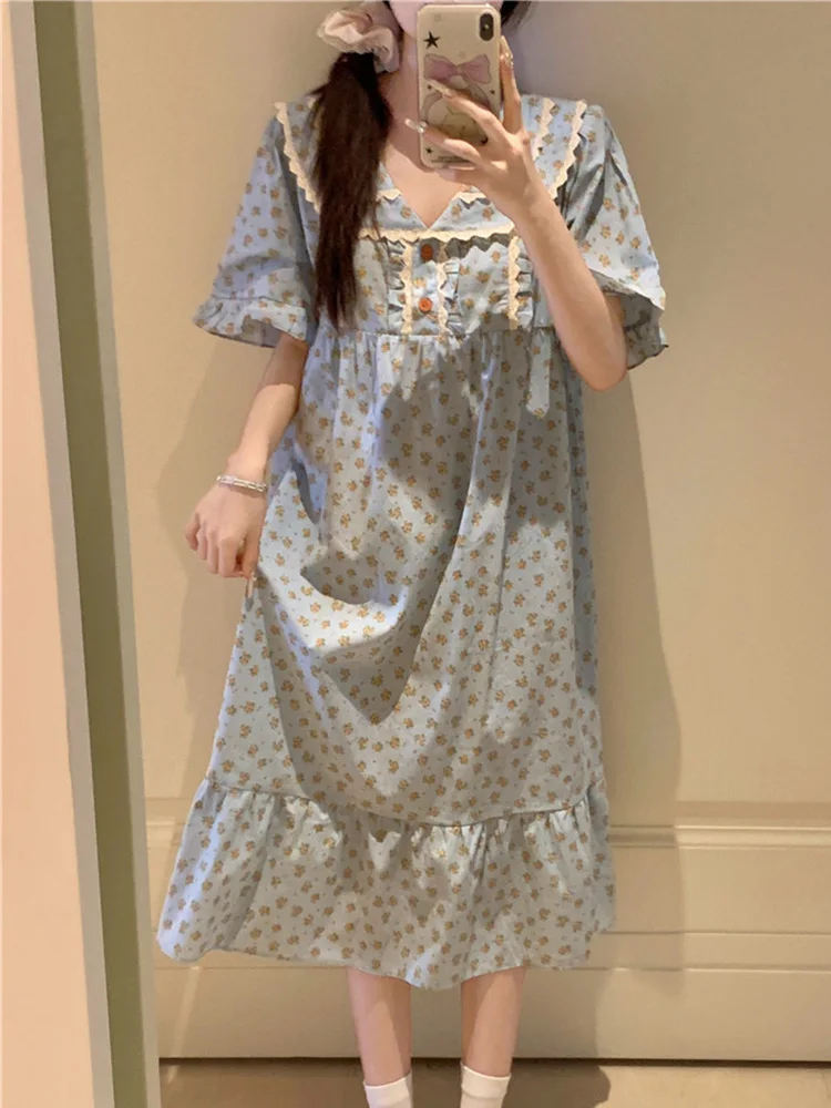 Soft Floral New Summer Print Flowers NightDress 100%Cotton Short Sleeve Pajama Set Women Cute Sweet Loose Casual Sleep Tops Ins