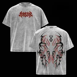Berserk Guts Logo Graphic Oversized Washed Cotton Tee - Harajuku Style Casual T - Shirt - S (Gray)
