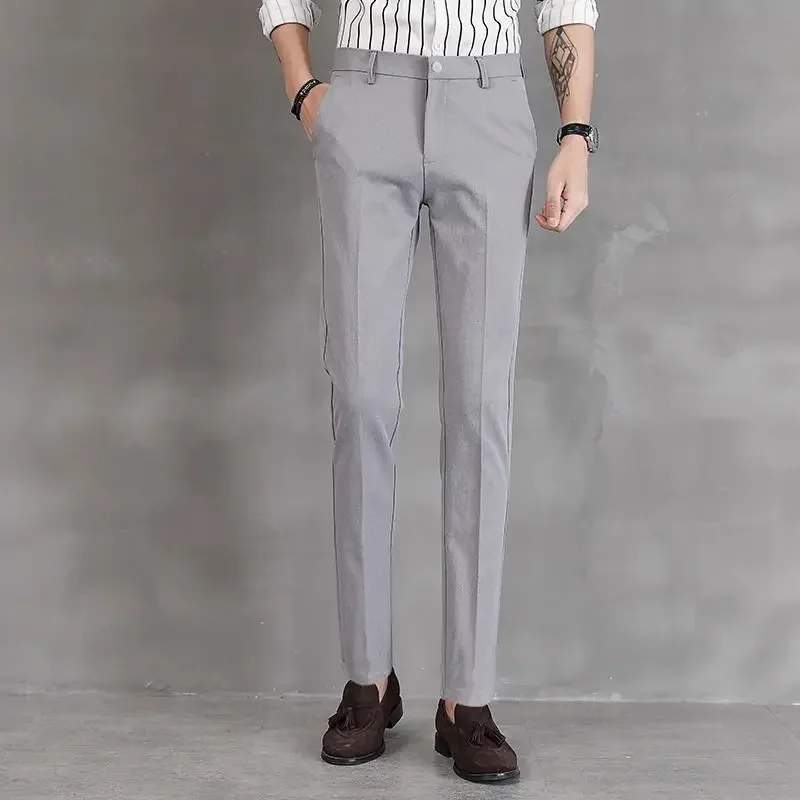 Pantalones de oficina rectos y elásticos de 9 pulgadas recortados para hombre, pantalones de trabajo para hombre, pantalones de traje elásticos con trenzas, ajustados, baratos, para vestir, informales