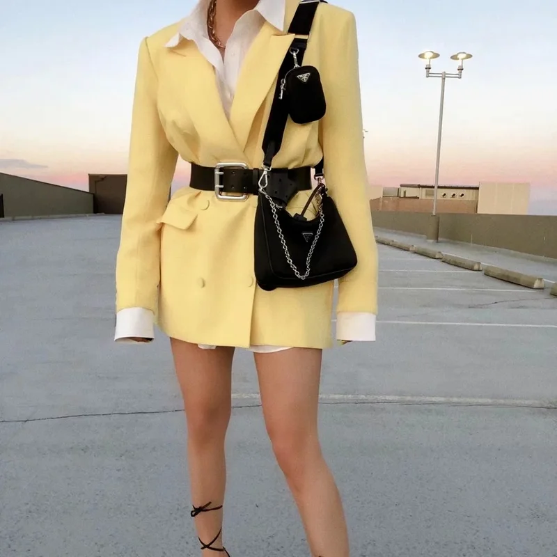 Yellow British Style Blazer 2024 Women Solid Colors Double Breasted Casual Office Blazer Suit New Fashion Work Commute Clothes