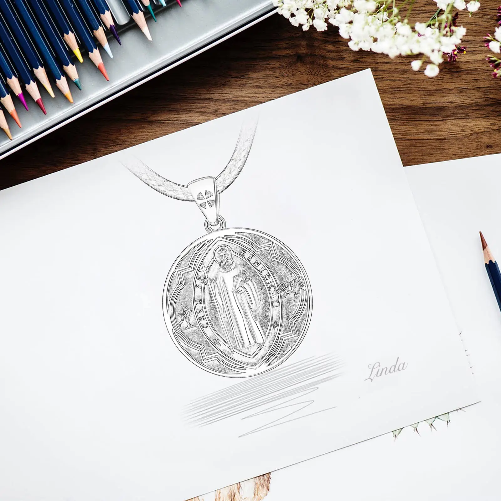 Eudora 925 Sterling Silver Saint Benedict Necklace Vintage Cross Amulet Religious Pendant Personality Jewelry for Men Women