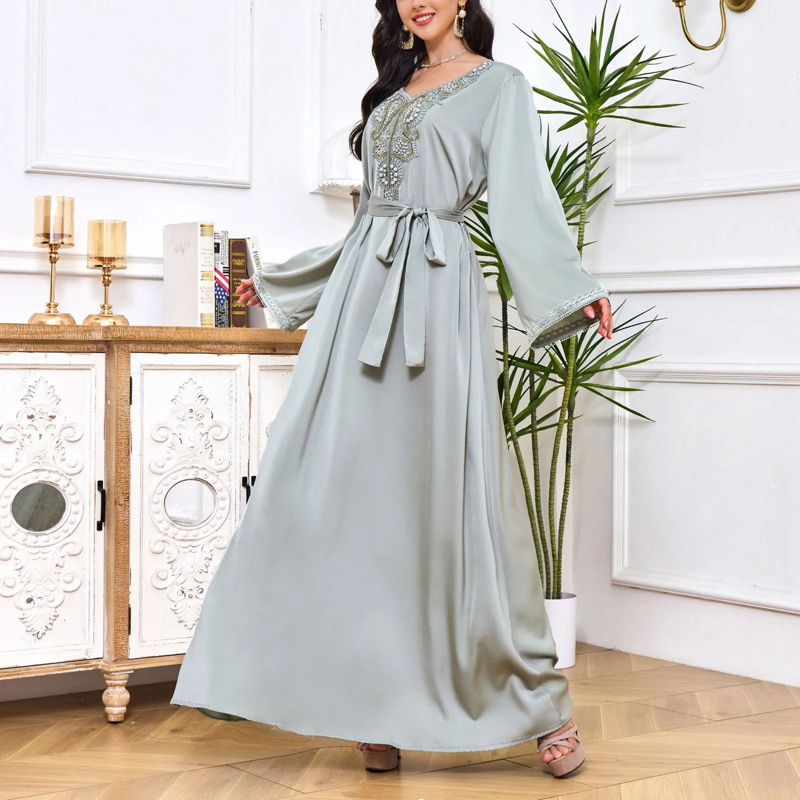 

Модные мусульманские платья с вышивкой и бисером, мусульманские Абайи, женские мусульманские Абайи, мусульманские халаты с поясом