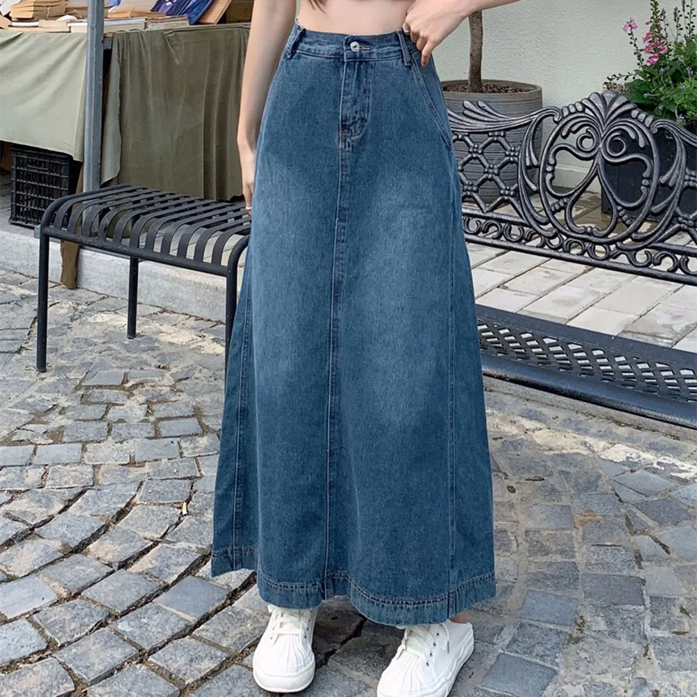 S-5XL Women Long Denim Skirt Summer Fashion Vintage High Waist Hip Wrap A-Line Jeans Skirt Spring Casual Loose Split Skirt Blue