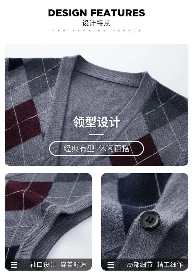 Description Picture 4 of itemMen Wool Coats Vest 2024 Spring Autumn Thicked Knit Man Single Breasted Multicolor Plaid Sleeveless Cardigan