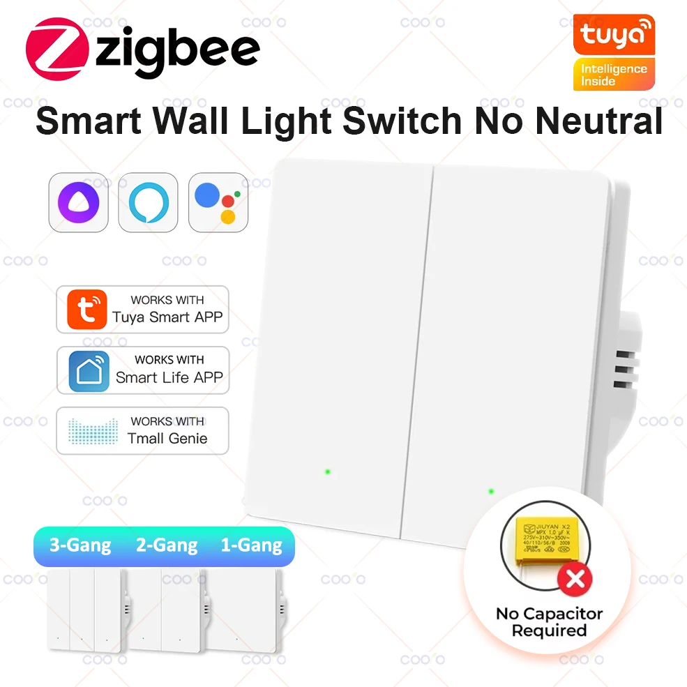 Tuya ZigBee Smart Light Switch 1/2/3 Gang No Neutral Wire No Capacitor Needed Works with Alexa Google