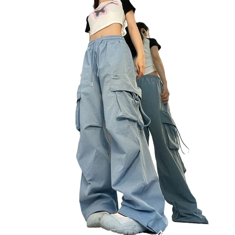 New Women Y2K Cargo Pants Fashion Casual High Waist Big Pockets Hip Hop Trousers Female Streetwear Drawstring Baggy Sweatpants