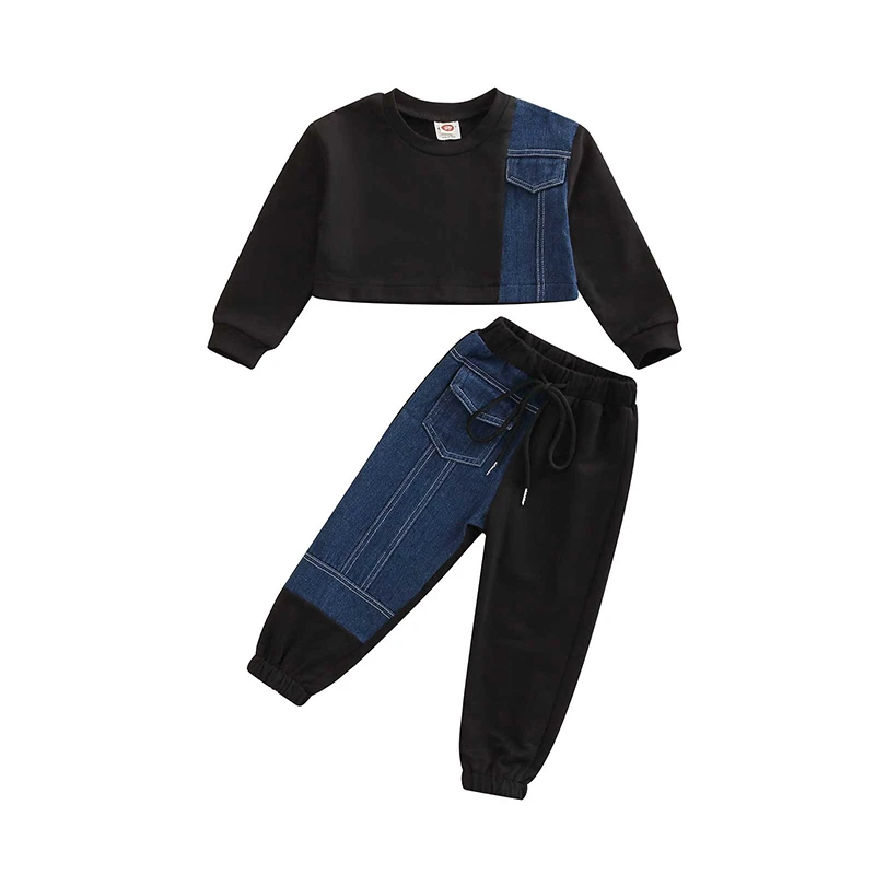 

Kids Autumn Outfits Children Clothing Sets Denim Patchwork Crew Neck Long Sleeve Sweatshirt Tops+ Casual Pants Set for Girls