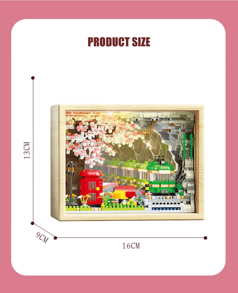 Creative Micro Cherry Blossom Train With Lights Model Building Blocks Street View Telephone Booth DIY Diamond Bricks Toys Gifts