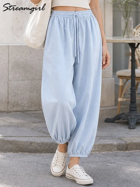 Pantalon ample en coton pour femme, style Aladdin, bleu marine, taille élastique, coupe lanterne, pantalon harem court 1