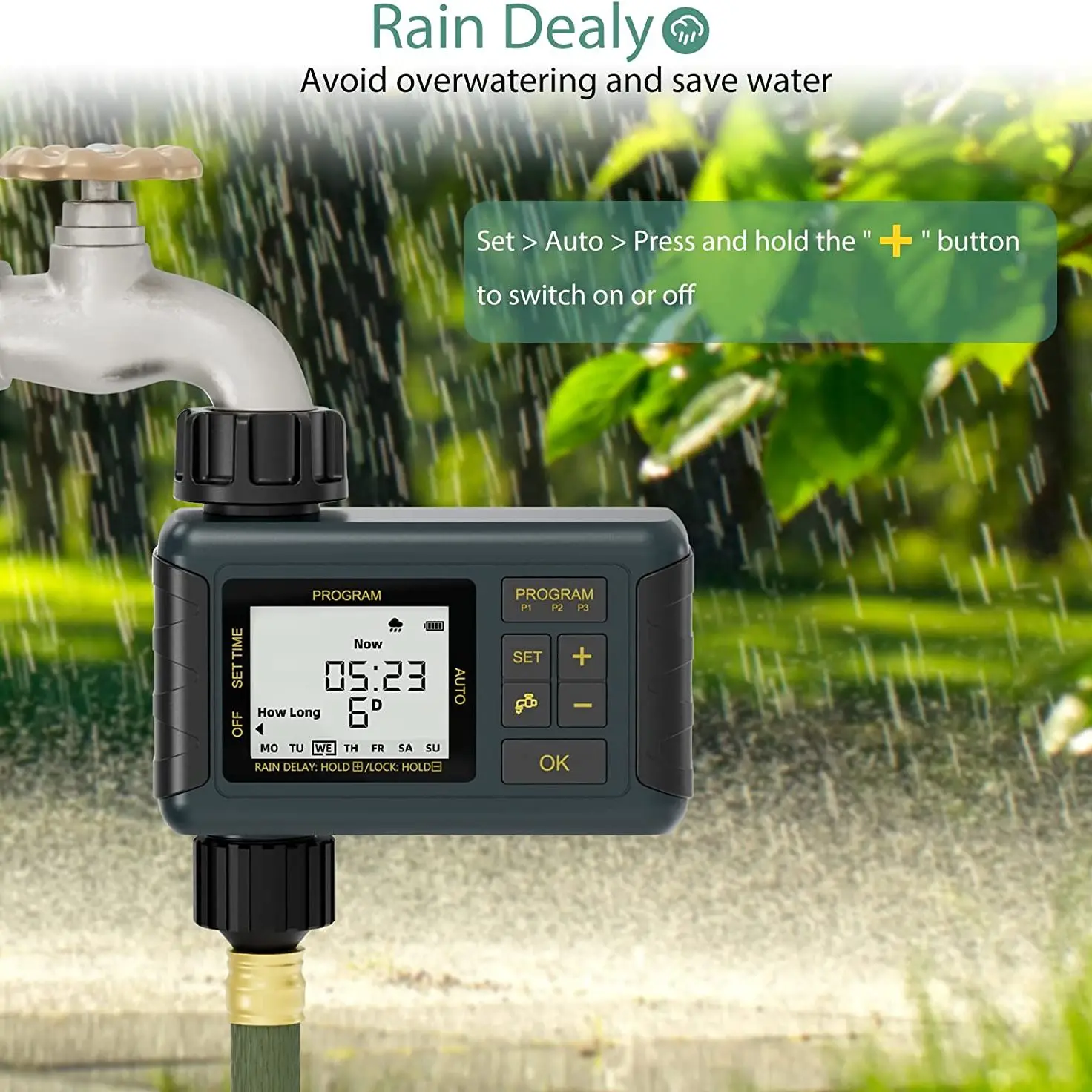 

Diivoo Programmable Irrigation Hose Timer, Multi-Functional Irrigation Timer with Rain Delay, Automatic Irrigation Equipment