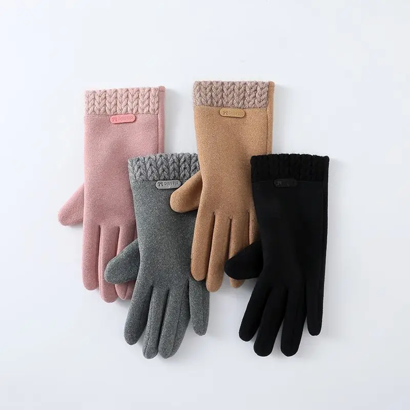 New women's autumn and winter warm touch screen wool mouth velvet gloves windproof plus velvet thickened outdoor riding driving