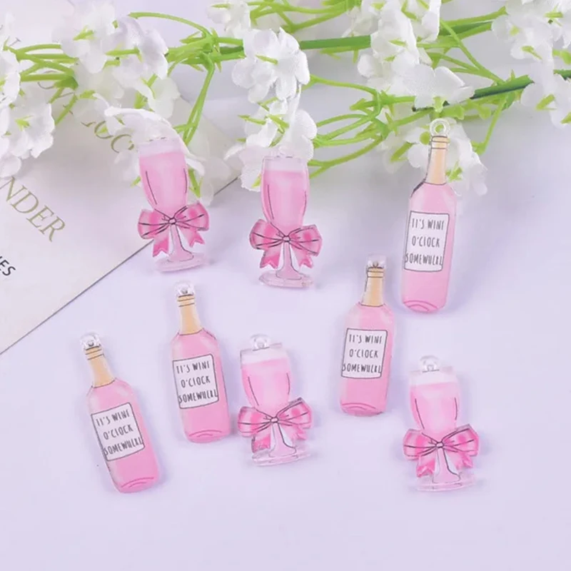 

10pcs New Pink Red Wine Bottle Red Wine Glass Acrylic Charms for Earring Necklace Bag Jewelry DIY Making