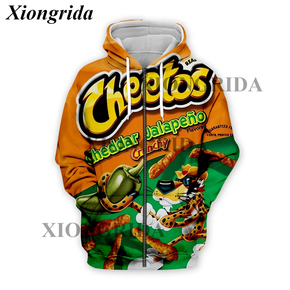 Novelty Hot Cheetos Food Puffs Zip Hoodies 3D Printed Mens Sweatshirt Harajuku All Over Print Unisex Pullover Hood Zip Top S-5XL
