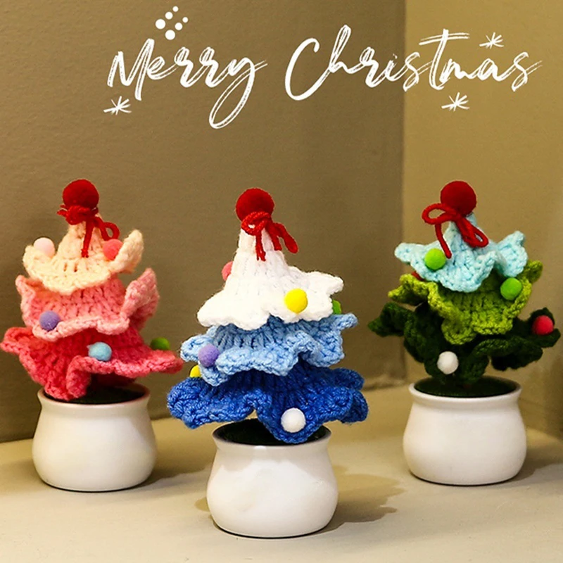 Crochet Christmas Tree Potted Plant Finished Hand Woven Desktop Ornaments 2