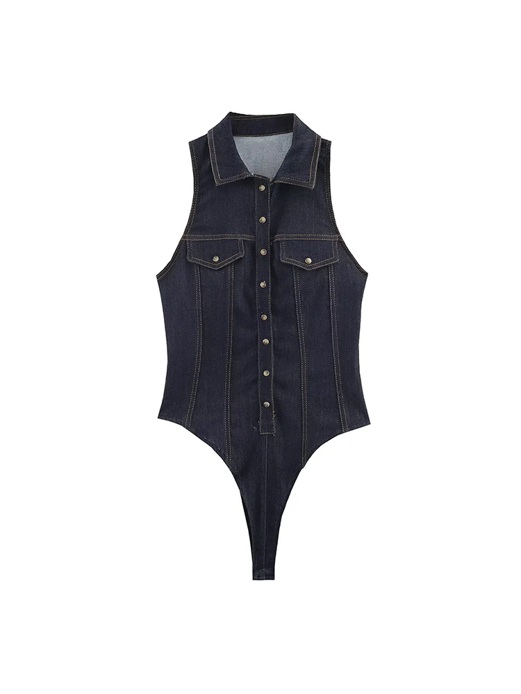 Women New Retro Denim Bodysuit Fashion Solid  Sleeveless Skinny Bodysuits With Pockets Sexy Slim Fitting Jumpsuit Summer Lady