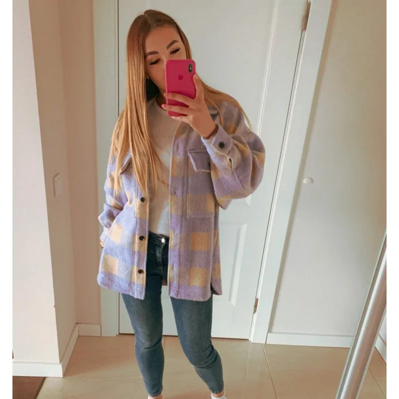 New Fashion Ladies Single Breasted Coats and Jackets Winter Leisure Purple Plaid Loose Wool Tops Women Oversized Coats Chic Tops