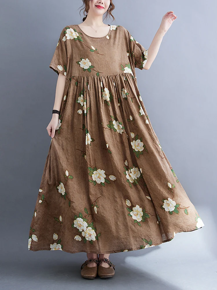 2025 New Spring Summer Women Over Size Cotton Linen Dress Vintage Dresses Casual Loose Long Vestido Female Robe Elegant Clothing