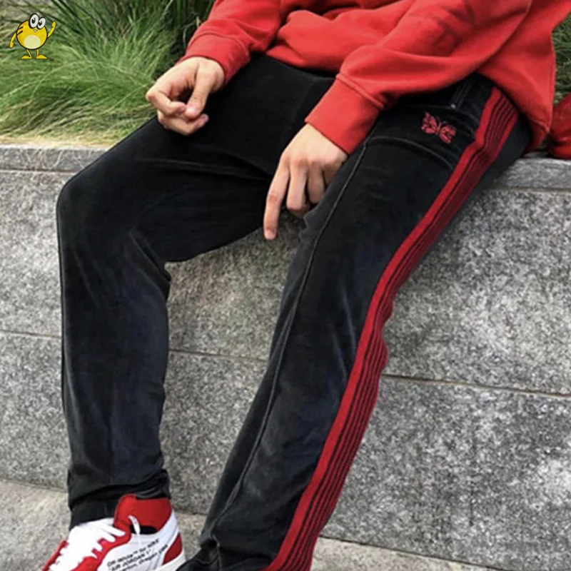 

Модные бархатные брюки с вышивкой в виде бабочек, Красные Полосатые тренировочные брюки с карманами на молнии, мужские женские черные спортивные брюки