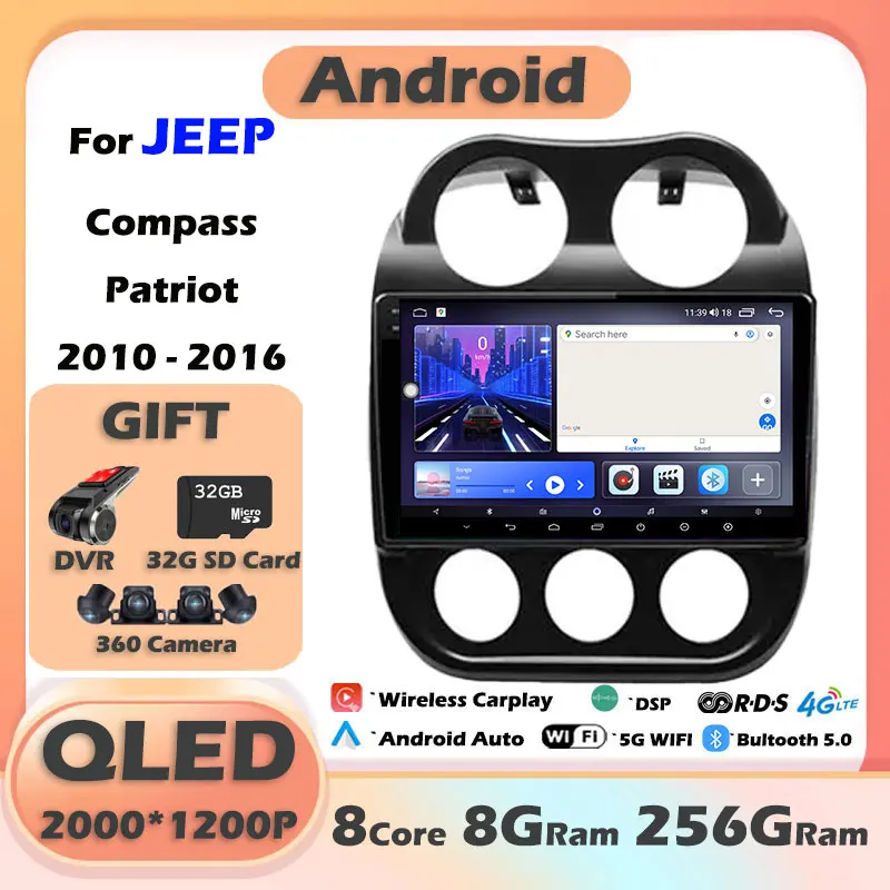 

10" For JEEP Compass Patriot 2010 - 2016 DSP Android 13 System Car Radio QLED Dual lens Car Player GPS Navigation Carplay Stereo