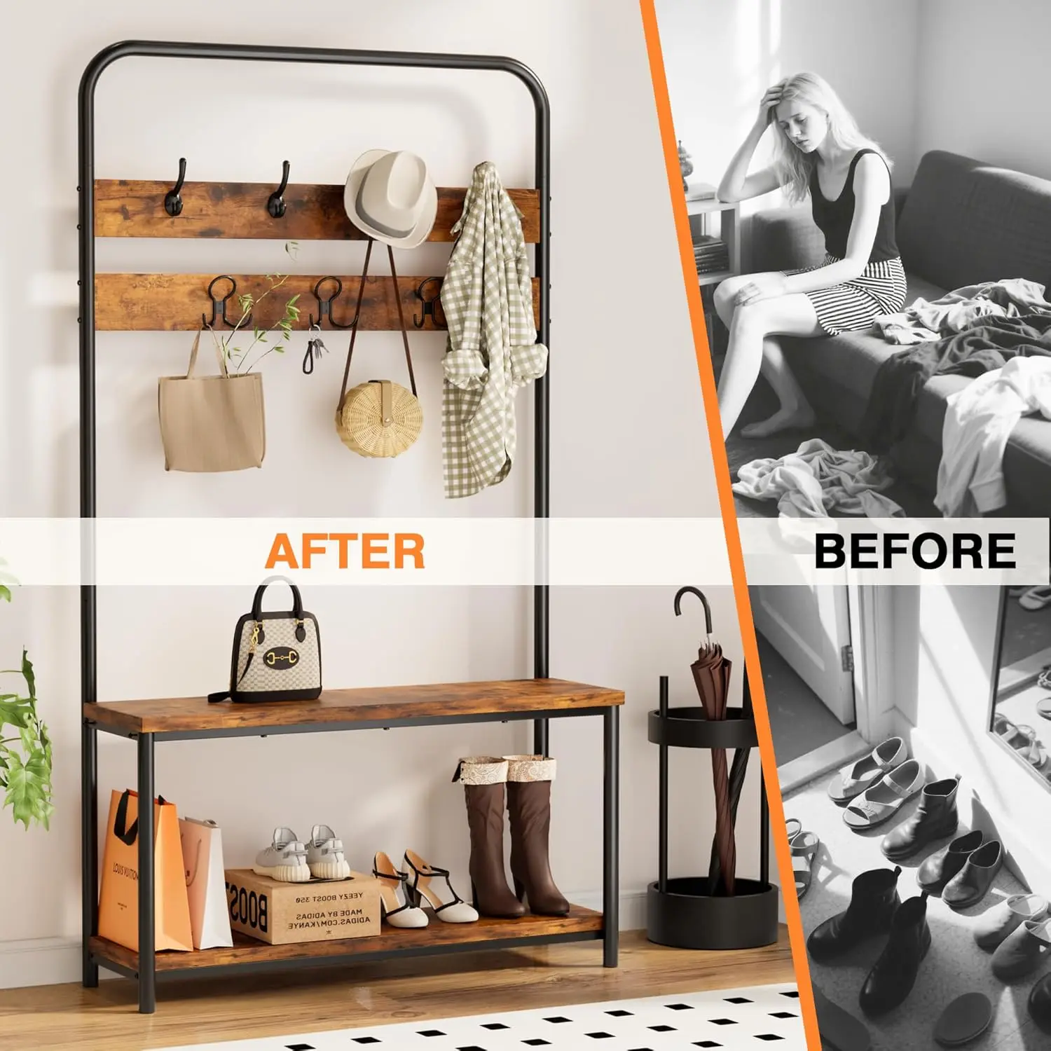 Industrial Entryway Hall Tree with Bench, Coat Rack Organizer, 10 Hanging Points & Anti-Tip Design, 7 Hooks &Deep Storage