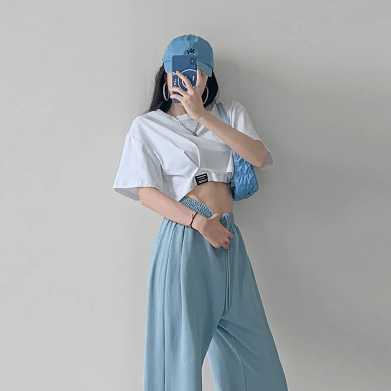 harajuku Simple solid color Crop Top Women Casual Short Sleeve T shirt Summer sexy loose young girl short T-shirt korean clothes