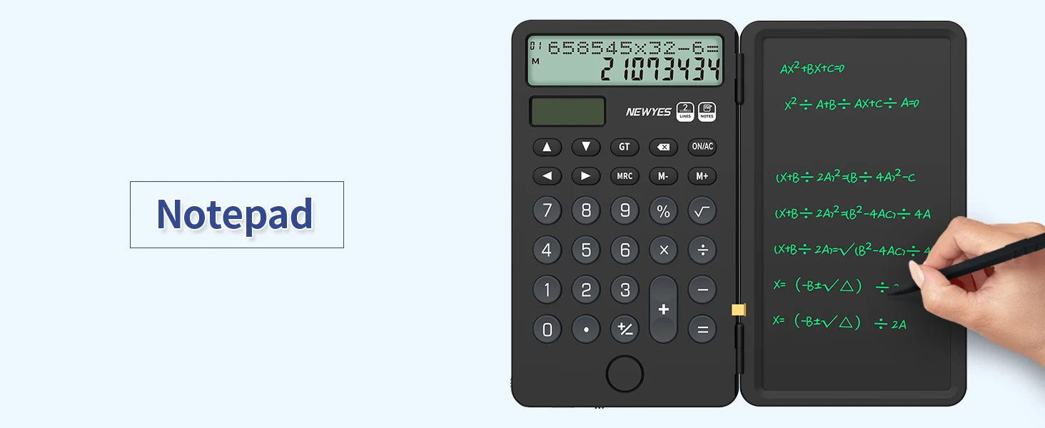 Description Picture 4 of item6.5" Portable Calculator with Notepad 2-Line 12-Digits Large Display Rechargeable Solar Power Desk Calculator for Office School