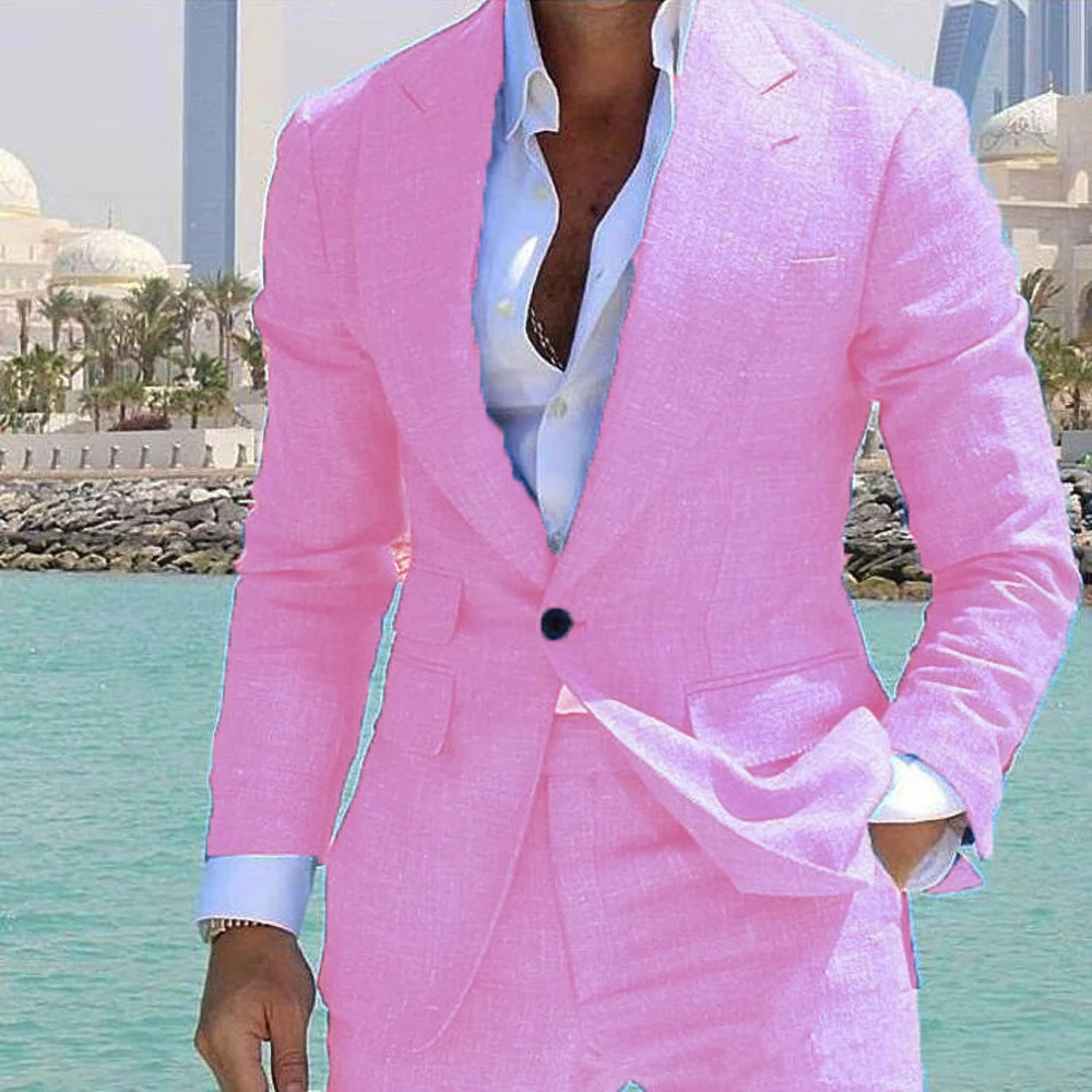 Men's Linen 2-Piece Suit Peak Lapel One Button Business Formal