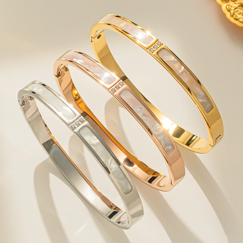 Htpwe Stainless Steel Rectangular Shell Inlaid Zirconium Bracelet Women 18kGold Couple Holiday Gift Bracelet Party Daily Jewelry bangle bracelet stainless steel bracelet zircon bracelet zirconia bangle