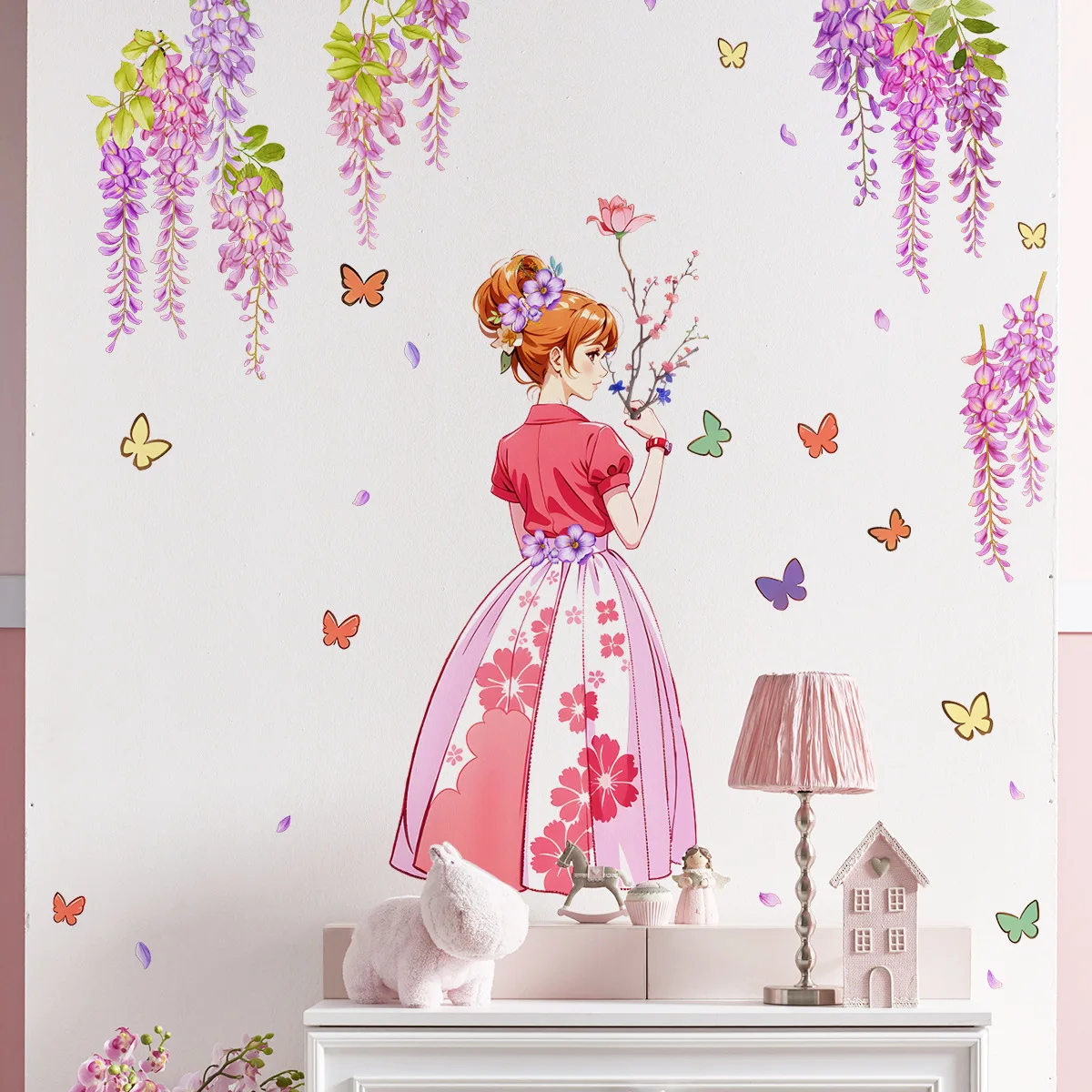 2pcs Plant Vine Girl Butterfly Wall Stickers Living Room Bedroom Background Wall Home Decorative Wall Stickers Wallpaper Ms3032 baby boy girl s room colorful star wallpaper cartoon stars bedroom wallpapers self adhesive pvc wall paper for kids rooms qz167