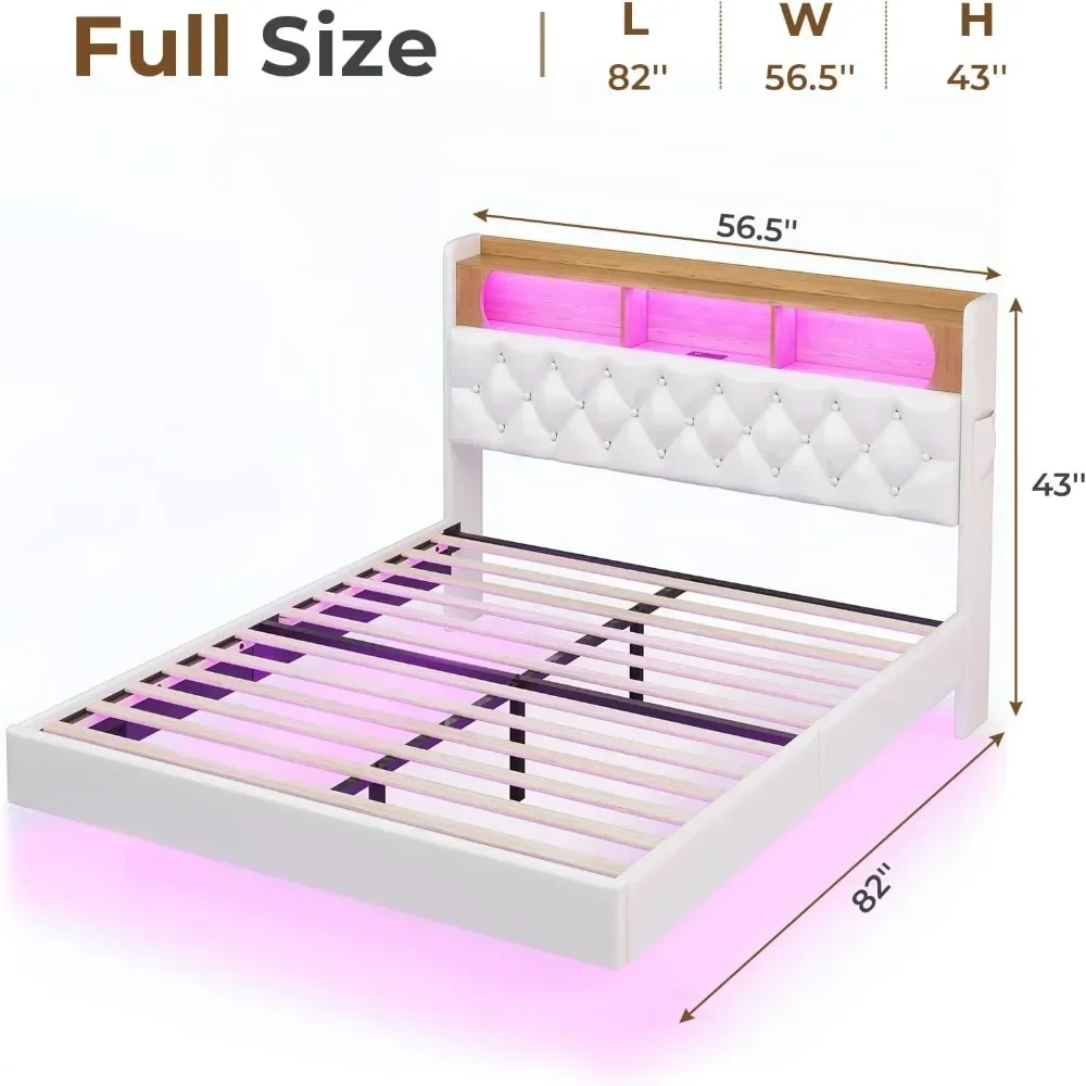 Floating Bed Frame, Floating Platform Bed with Charging Station with LED Lights & Storage Headboard, Modern LED Floating Bed 5