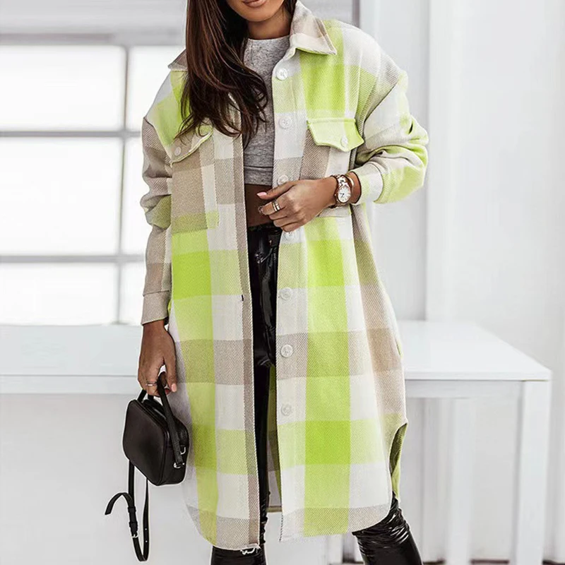 

Female Casual Lapel Long Sleeve Trench Coats Winter Color Grid Print Flannel Jacket Elegant Singled-breasted Long Woolen Outwear