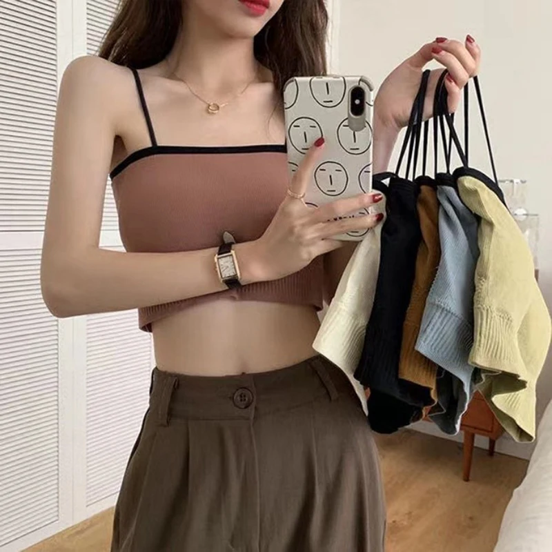 

Women's Tube Top Tank Korean Style Seamless Tube Tops Patchwork Underwear Cami Thin Shoulder Strap Short Backless Top