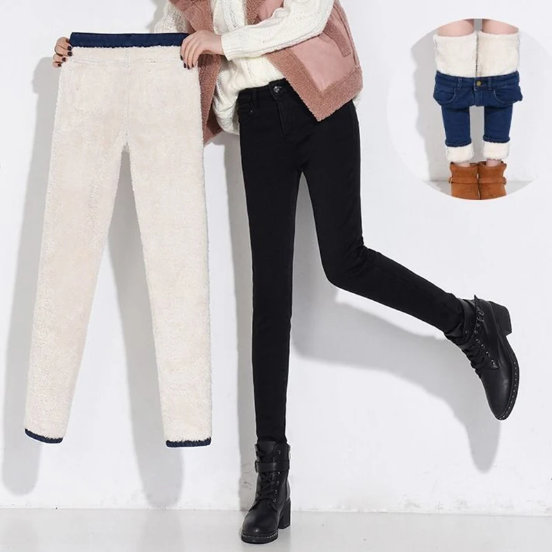 Snow Wear Lambwool Pencil Jeans Women Casual Embroidery Plus Velvet Winter Denim Trousers Warm High Waist Stretch Pantalones