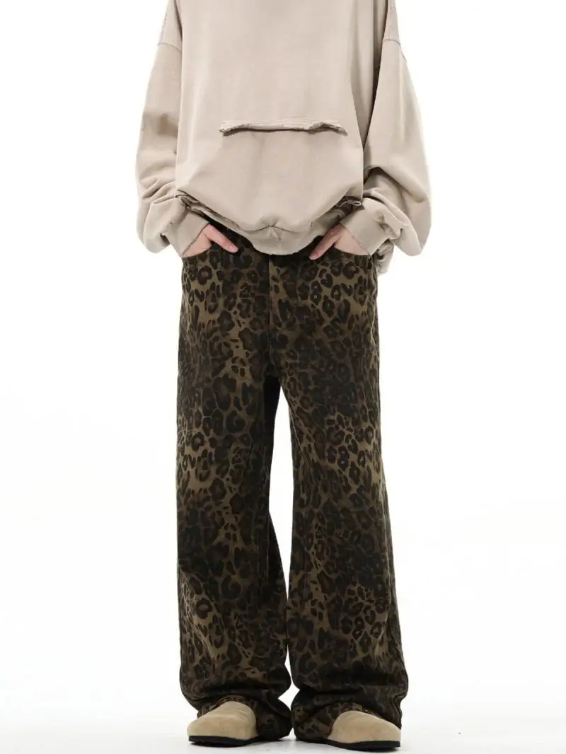 American original new retro leopard print jeans straight-leg loose men Korean style niche fashion casual versatile trendy pants