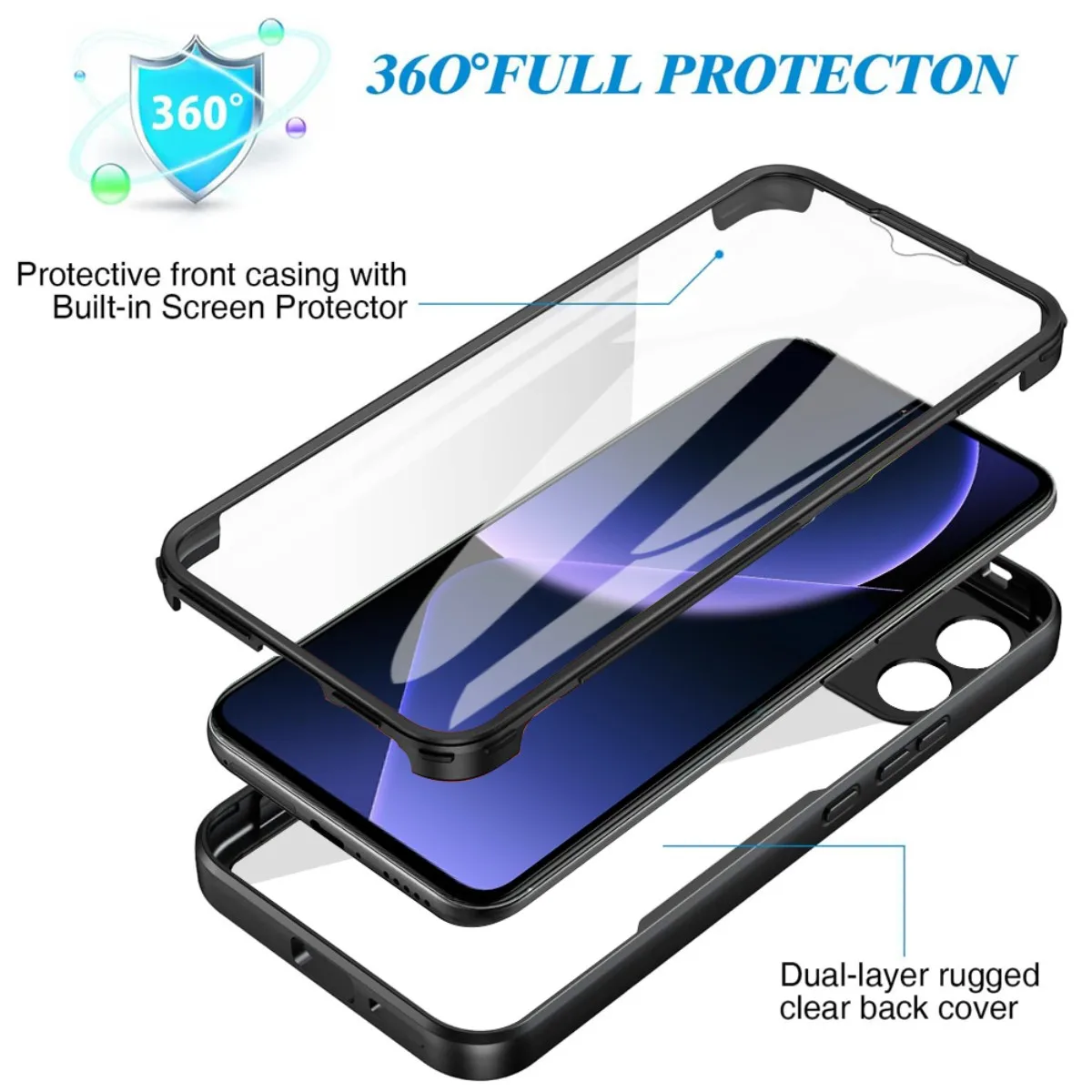 360° Shockproof Phone Case with Built-in Screen Protector and Transparent Anti-Drop Bumper Cover