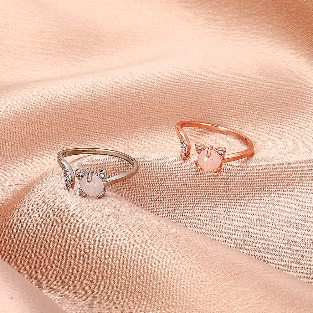 Trendy Cat Rhinestone Rings for Women Fashion Simple Neko Colorful Stone Adjustable - PeticaDeals