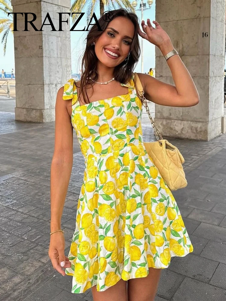 TRAFZA 여성용 활 스트랩 레몬 인쇄 미니 원피스 패션, 여성 레이스업 과일 인쇄 민소매 원피스 섹시한 파티 드레스, 2024 