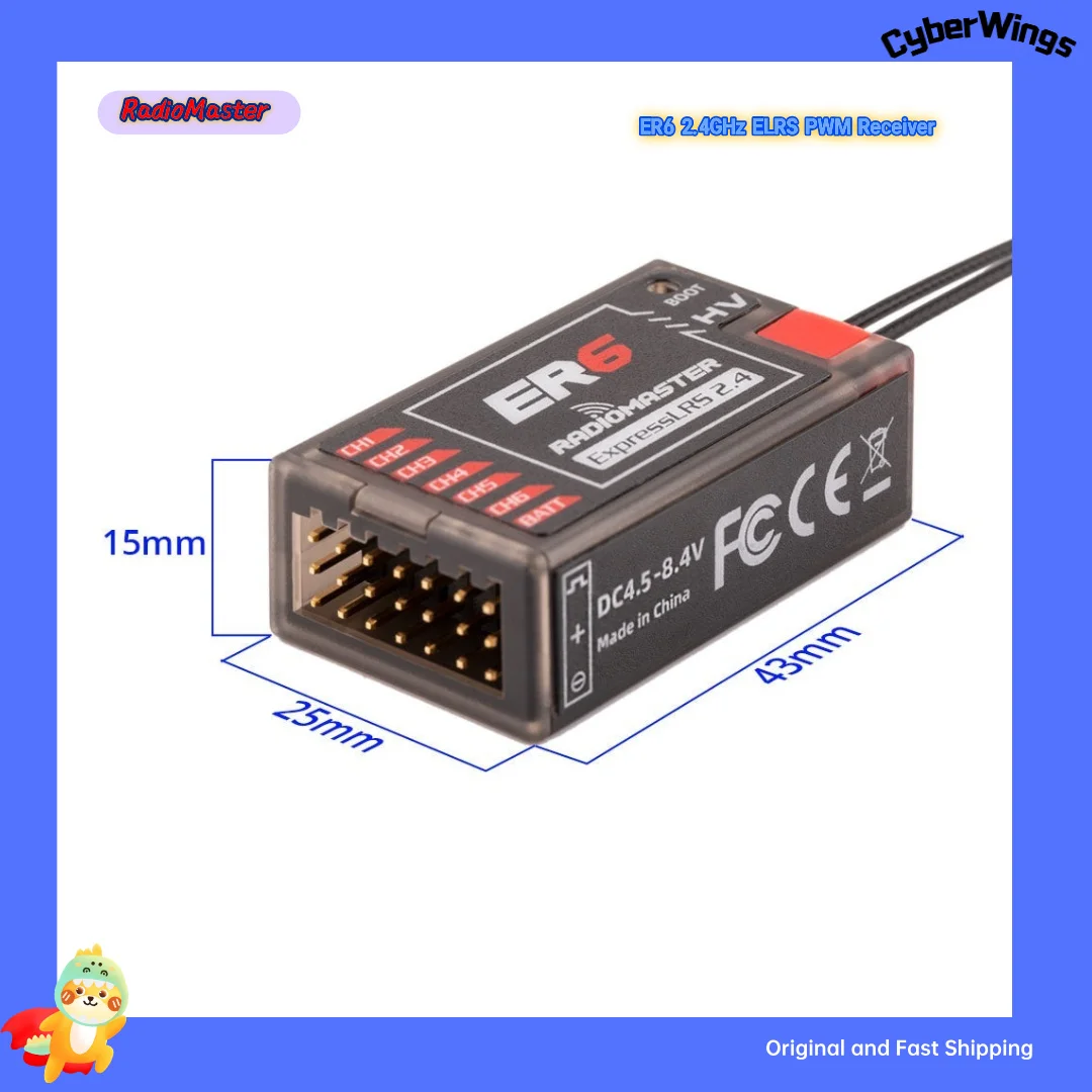 Récepteur RadioMaster ER6 ELRS 2.4GHz PWM 6 canaux pour voilure fixe