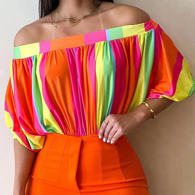 

2023 New Summer Women Clothing Drop Pleated Off Shoulder Loose Top Bat Sleeve Slash Neck Rainbow T Shirt Women