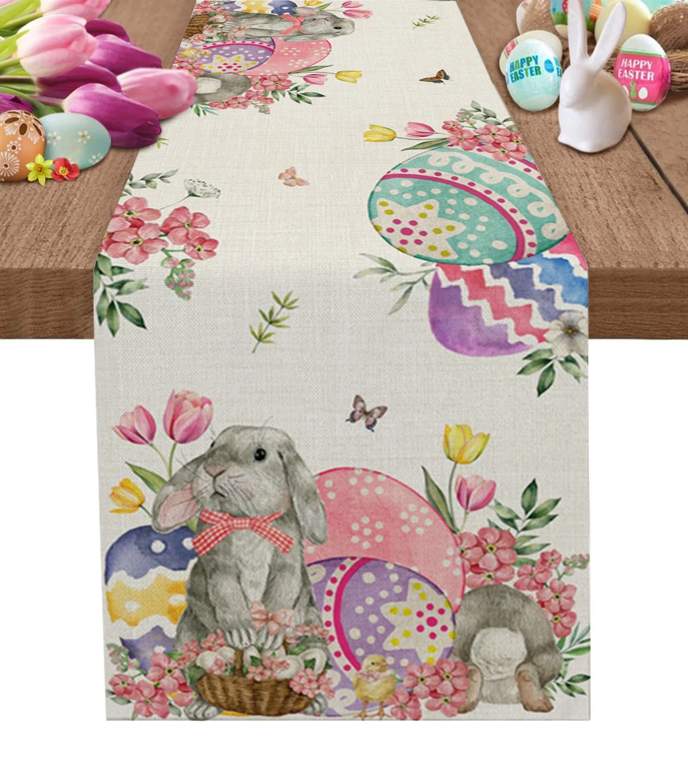 

Easter Spring Tulip Egg Rabbit Linen Table Runner Kitchen Table Decoration Farmhouse Dining Tablecloth Wedding Party Decor