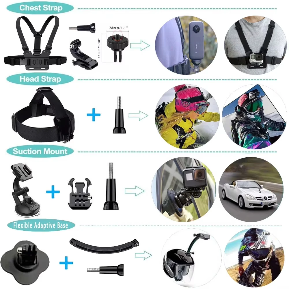 Kit d'accessoires 60 en 1 pour caméra d'action fixé sur un casque, compatible GoPro, DJI et Insta360, prêt pour l'aventure