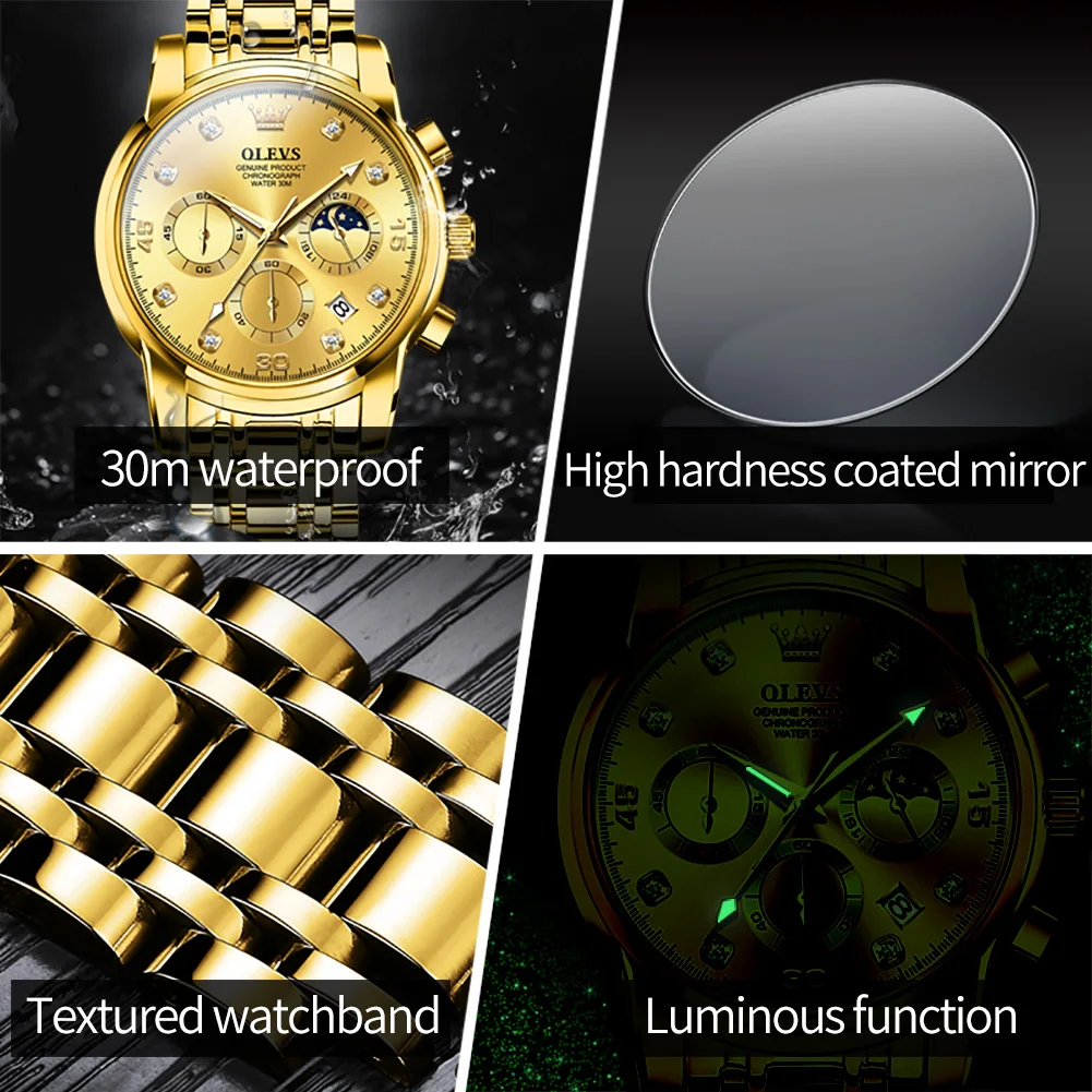 OLEVS 2023 New Mens Watches Top Brand Luxury Gold Quartz Watch for Men Stainless Steel Waterproof Date Chronograph Wristwatch