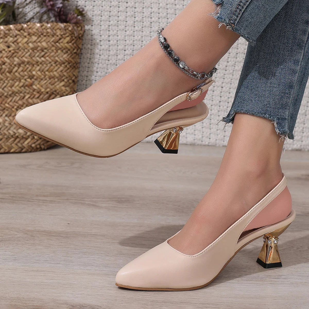 Pu Leather High Heels Pumps Women 2025 Summer Ankle Buckle Thick Heeled Sandals Woman Crystal Decor Pointed Toe Party Shoes