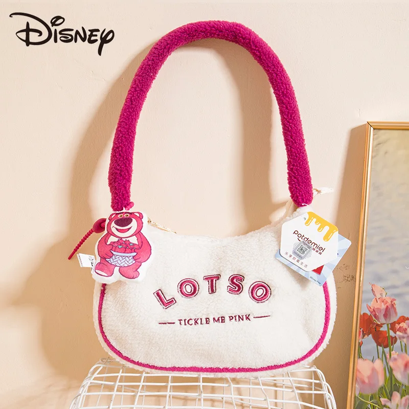 Genuine Disney Stitch Short-Strap Shoulder Bag Kawaii Strawberry Bear Buzz Lightyear Plush Tote Bag with Pendant Women Bag