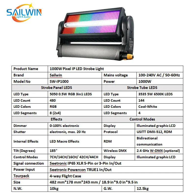 세일윈 1000W LED RGB 4in1 픽셀 스트로브 라이트 (8세그먼트 DMX512 화이트 워시 디스코 조명 효과, 무대, DJ, 바용)