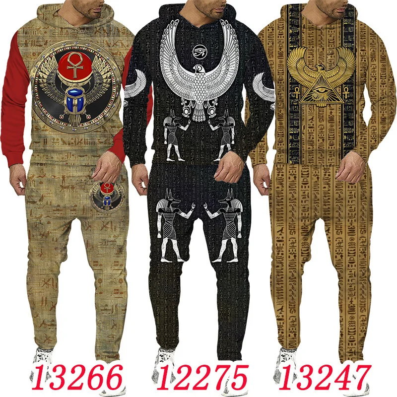S-6XL Mărime mare 3D Jachetă pentru bărbați cu imprimeu egiptean Hanorac cu pantaloni Set Trening pentru bărbați Iarnă și toamnă Sport Umăr bărbătesc_voghion.com